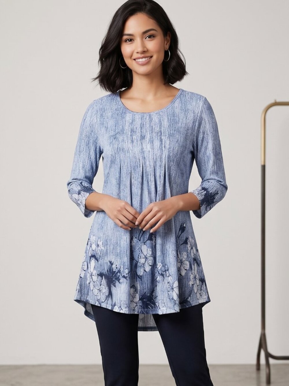 NWOT | Blue Floral Pleated Tunic Top | Sheer Mesh Sleeves | Size Medium